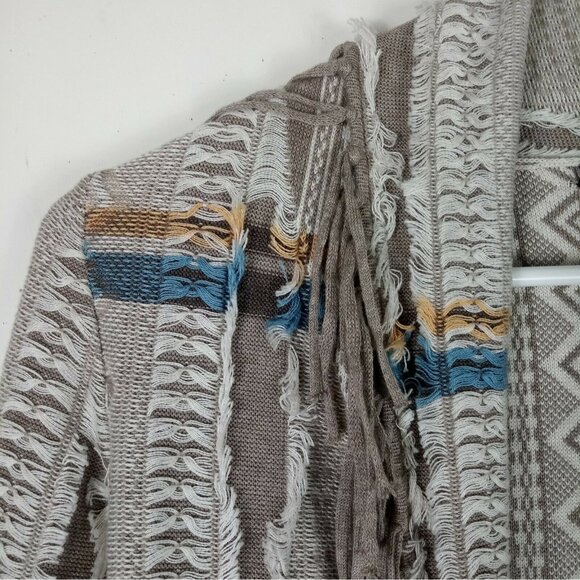 Nic + Zoe Open Fringe Cardigan Sweater SouthWestern Aztec Design Beige PP 2P - Picture 2 of 12